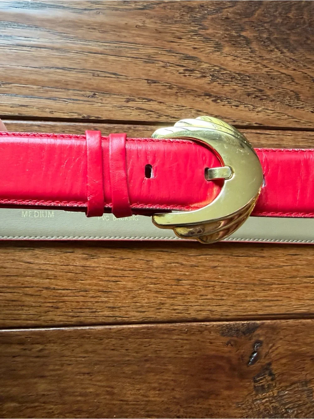Vintage Liz Claiborne Red Leather Belt Oversized Gold Statement Buckle Medium